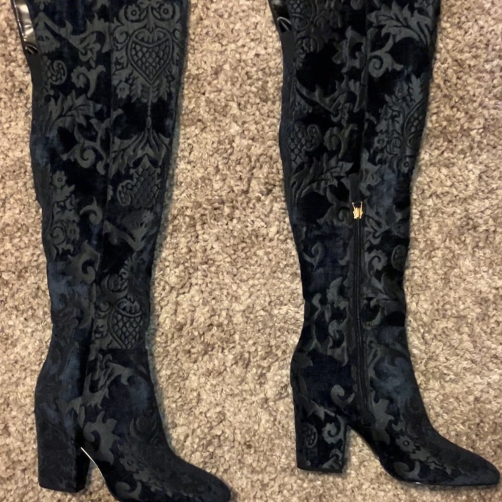 Nine West Black Over the Knee Boots with Velvet Damask